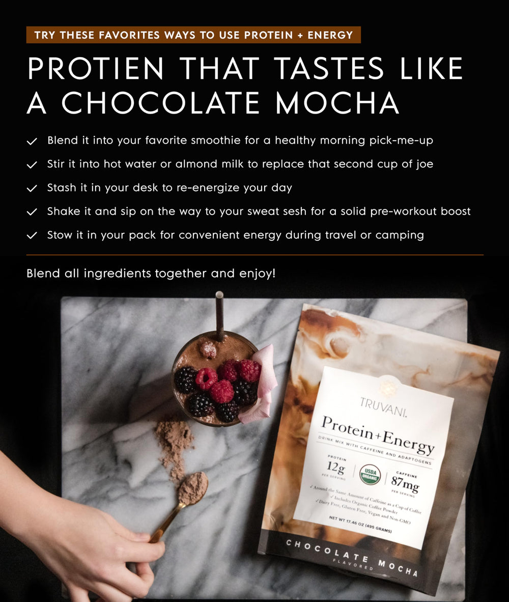 Truvani on-the-go cup implies quick protein and energy.