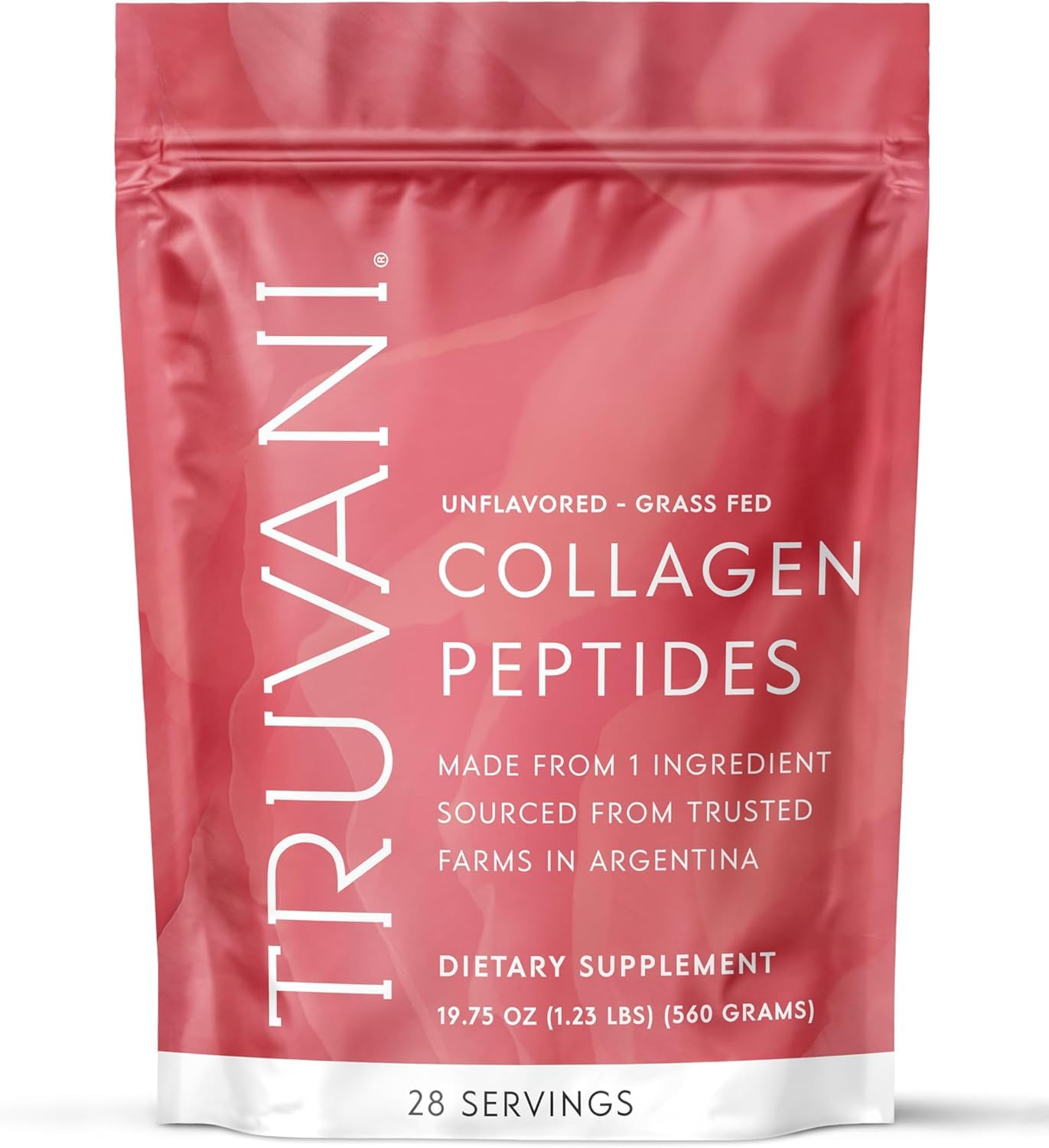 Truvani hydrolyzed collagen peptides packaging front—unflavored, dairy-free option for daily use.