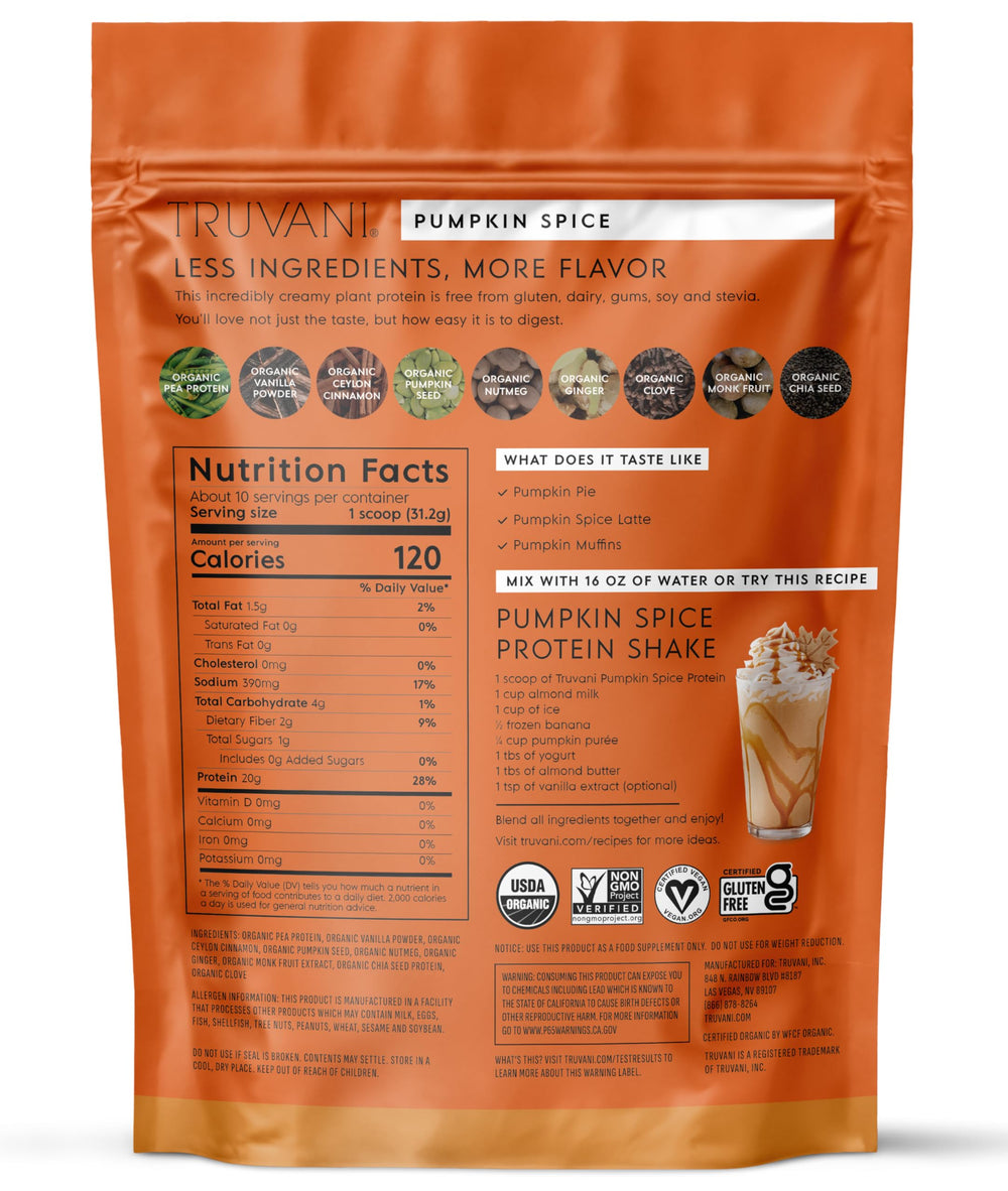 Truvani latte with pumpkin spice protein offers dairy-free, low-carb indulgence.