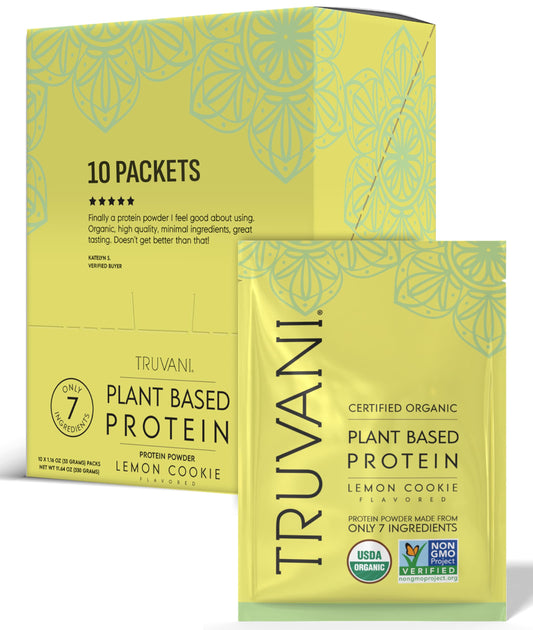 Truvani Lemon Cookie vegan pea protein packaging highlights organic ingredients for clean nutrition