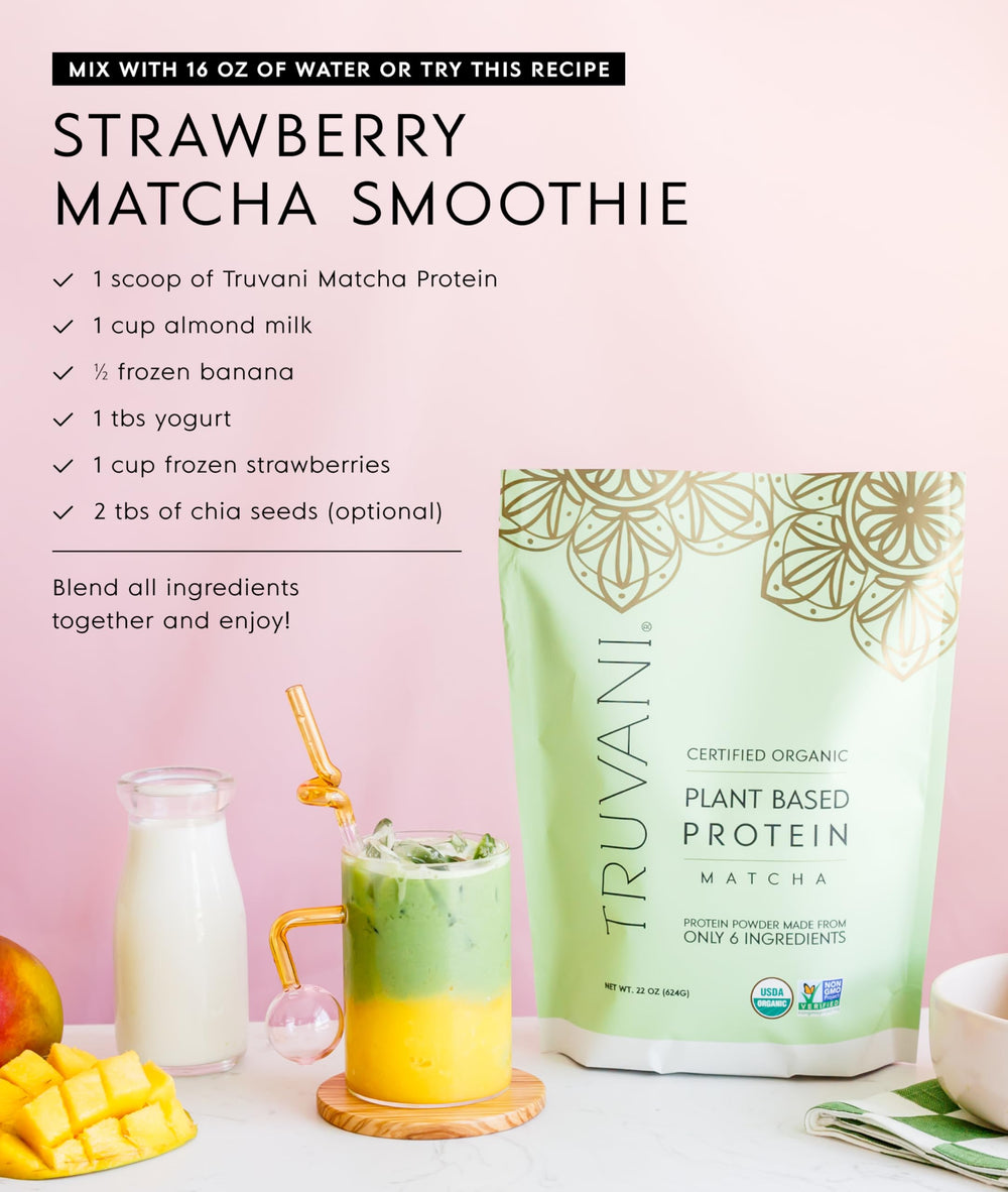 Truvani matcha protein powder being poured into a blender