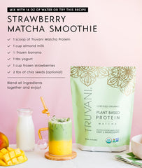 Truvani matcha protein powder being poured into a blender