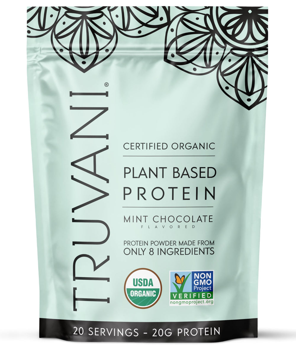 Truvani Mint Chocolate protein tub for a plant-based protein boost.