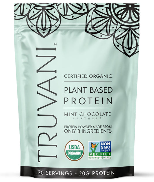 Truvani Mint Chocolate protein tub for a plant-based protein boost.