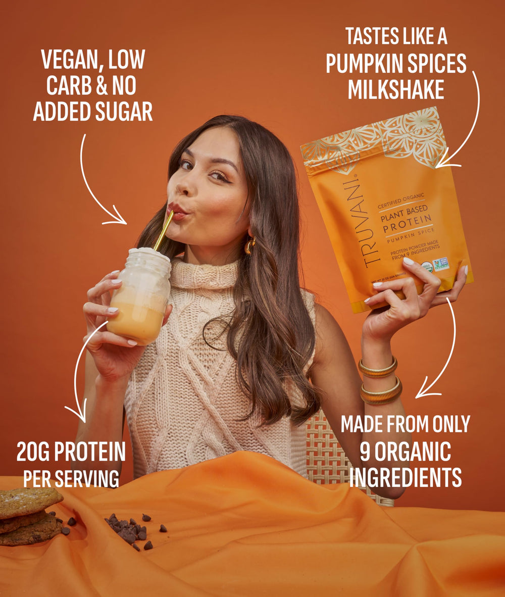 Close-up of Truvani organic pea, pumpkin seed, and chia ingredients