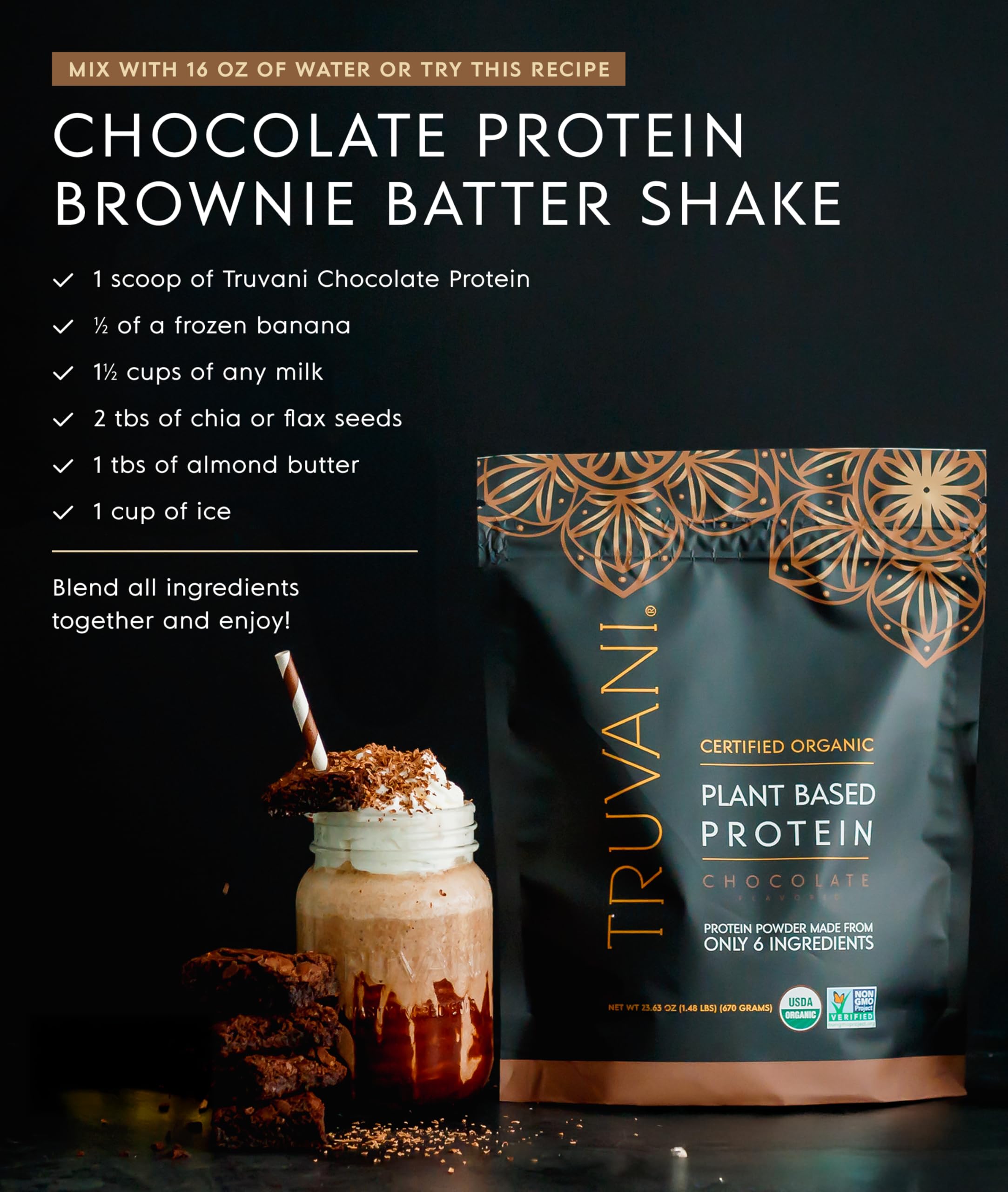 Truvani organic pea protein ingredients panel showing sustainable sourcing