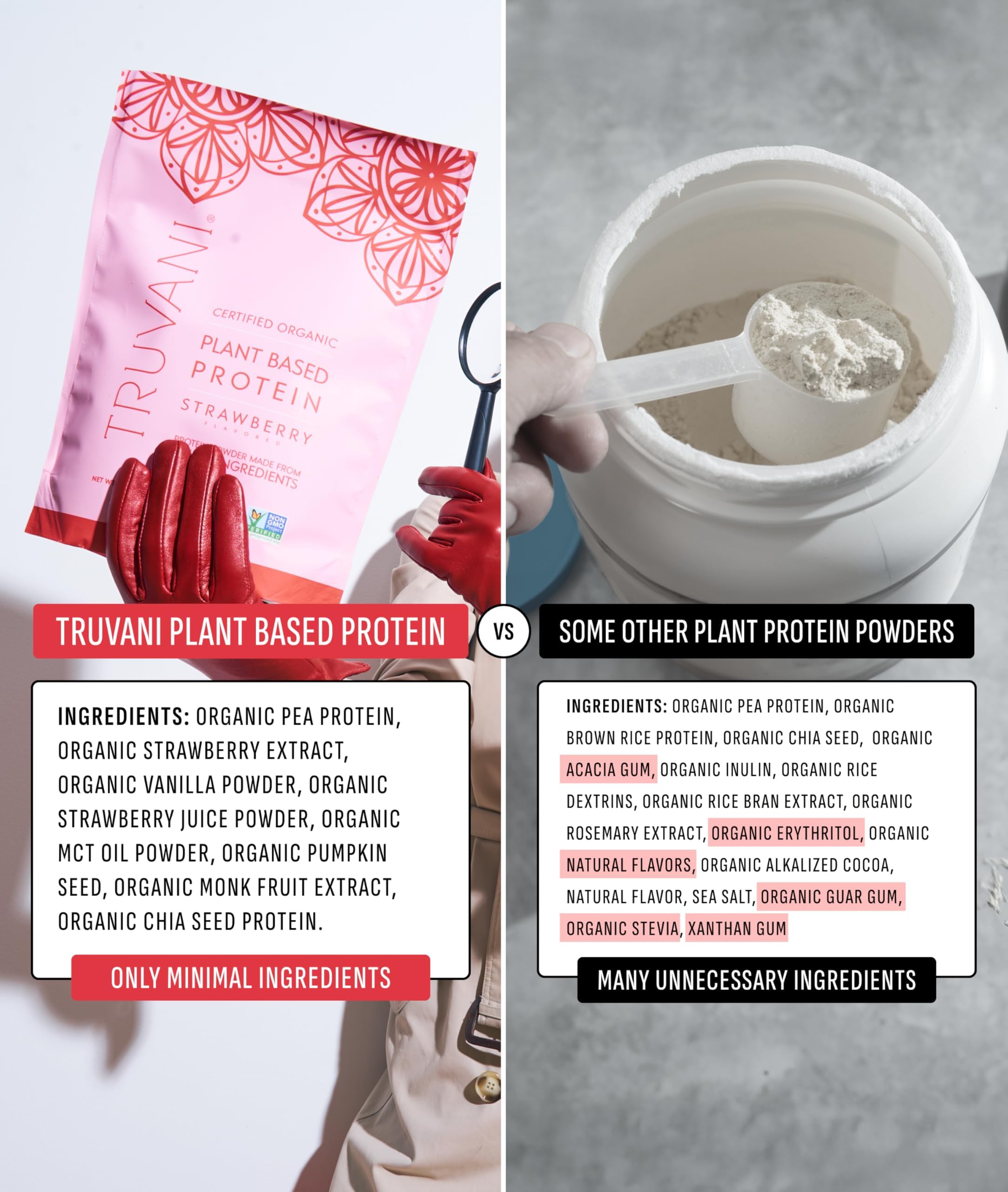 Truvani USDA Organic label on vegan protein packaging.