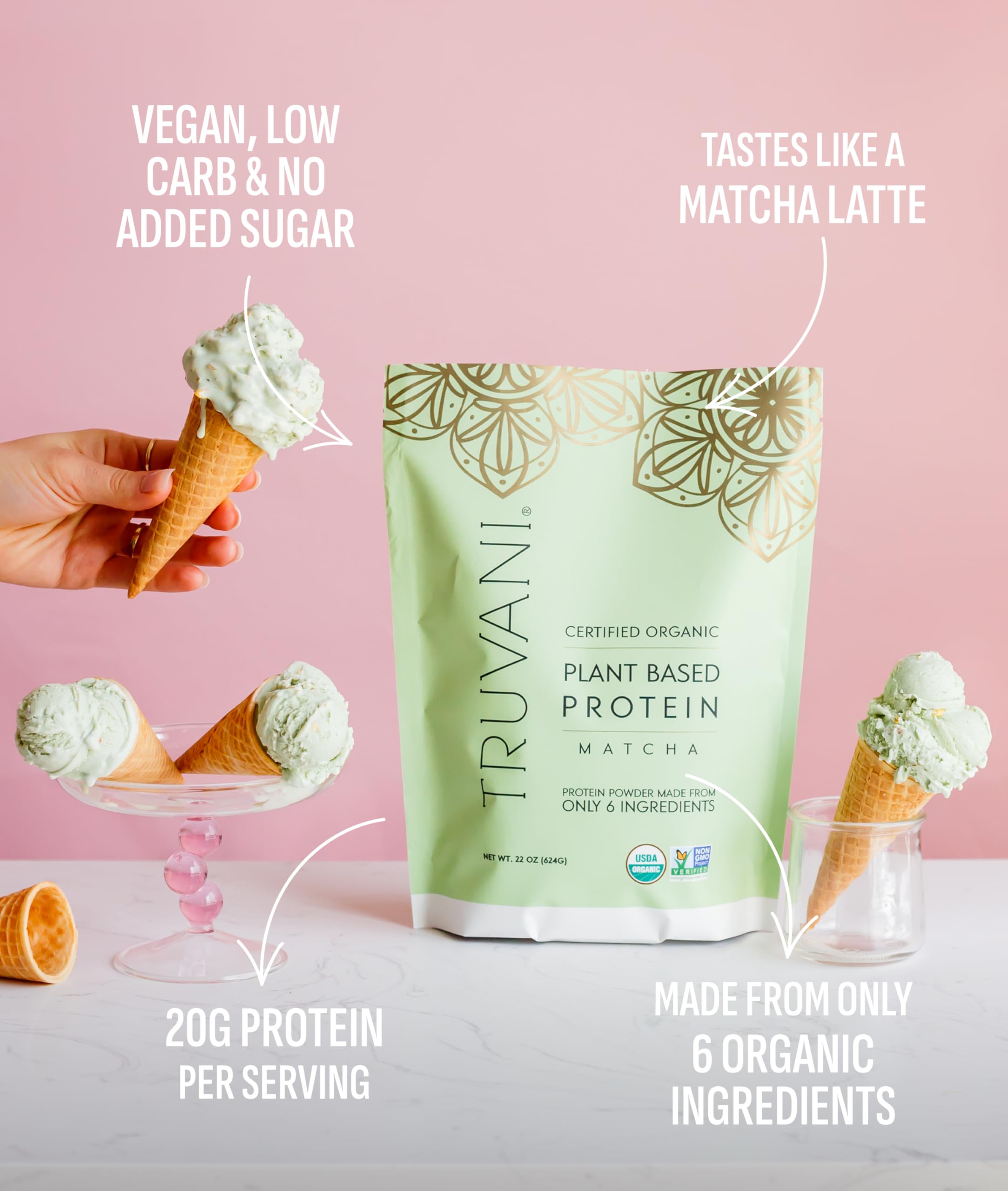 Truvani organic pea protein powder scoop highlights premium ingredients