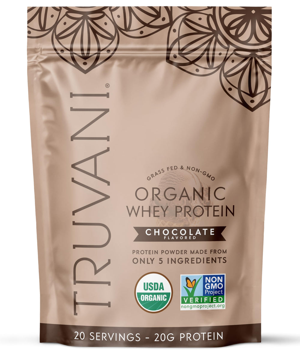 Truvani Organic Whey Protein canister with chocolate flavor for clean post-workout nutrition.