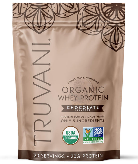 Truvani Organic Whey Protein canister with chocolate flavor for clean post-workout nutrition.
