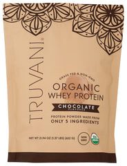 Truvani Organic Whey Protein gluten-free powder on kitchen counter.