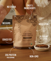 Truvani Organic Whey Protein ingredient list close-up emphasizing no gums or additives.