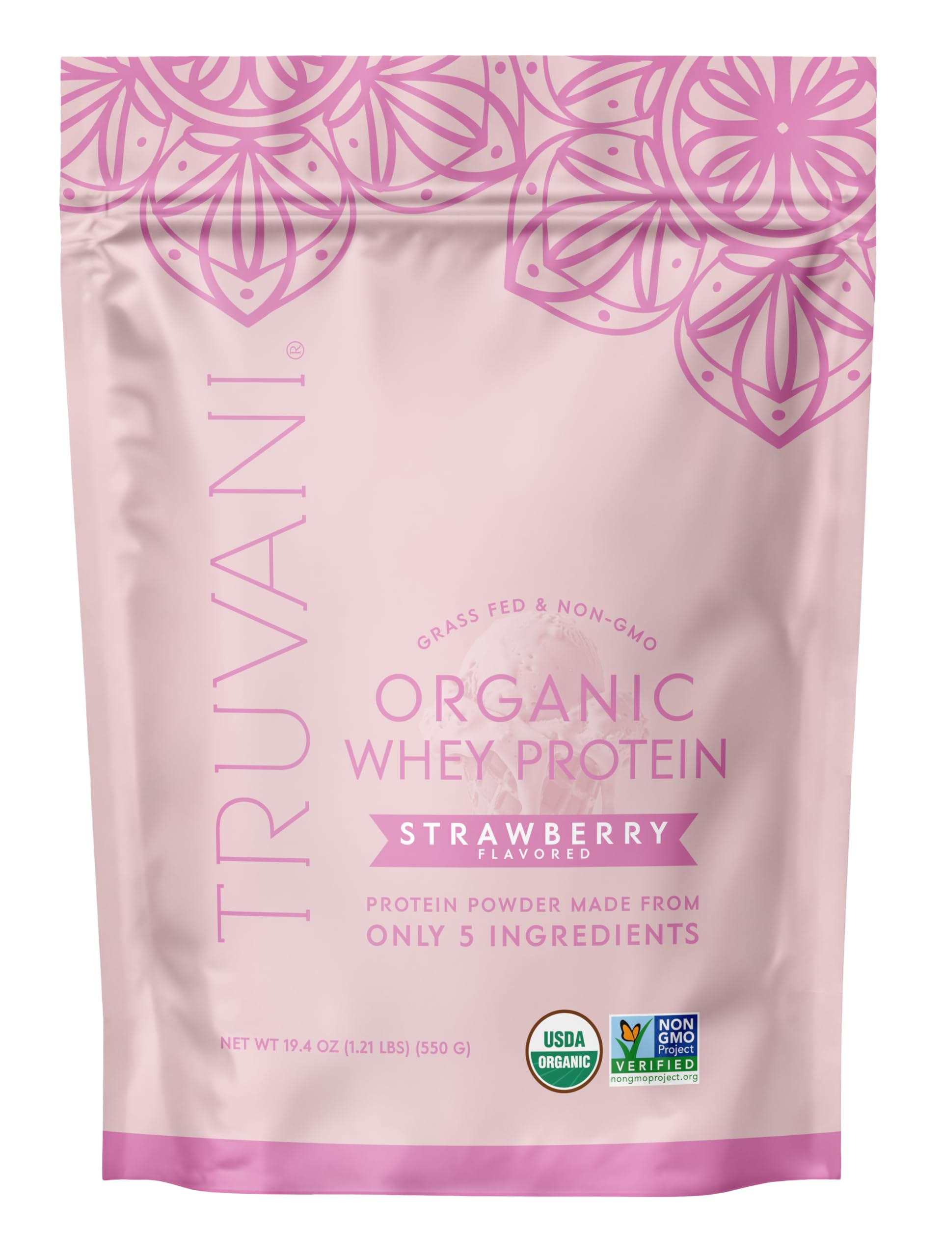 Truvani Organic Whey Protein Powder Strawberry Tub with clean label.