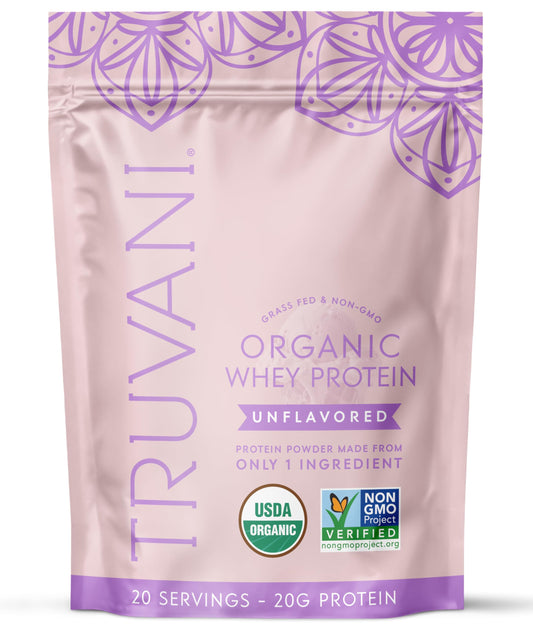 Truvani Organic Whey Protein Unflavored powder ready for versatile shakes