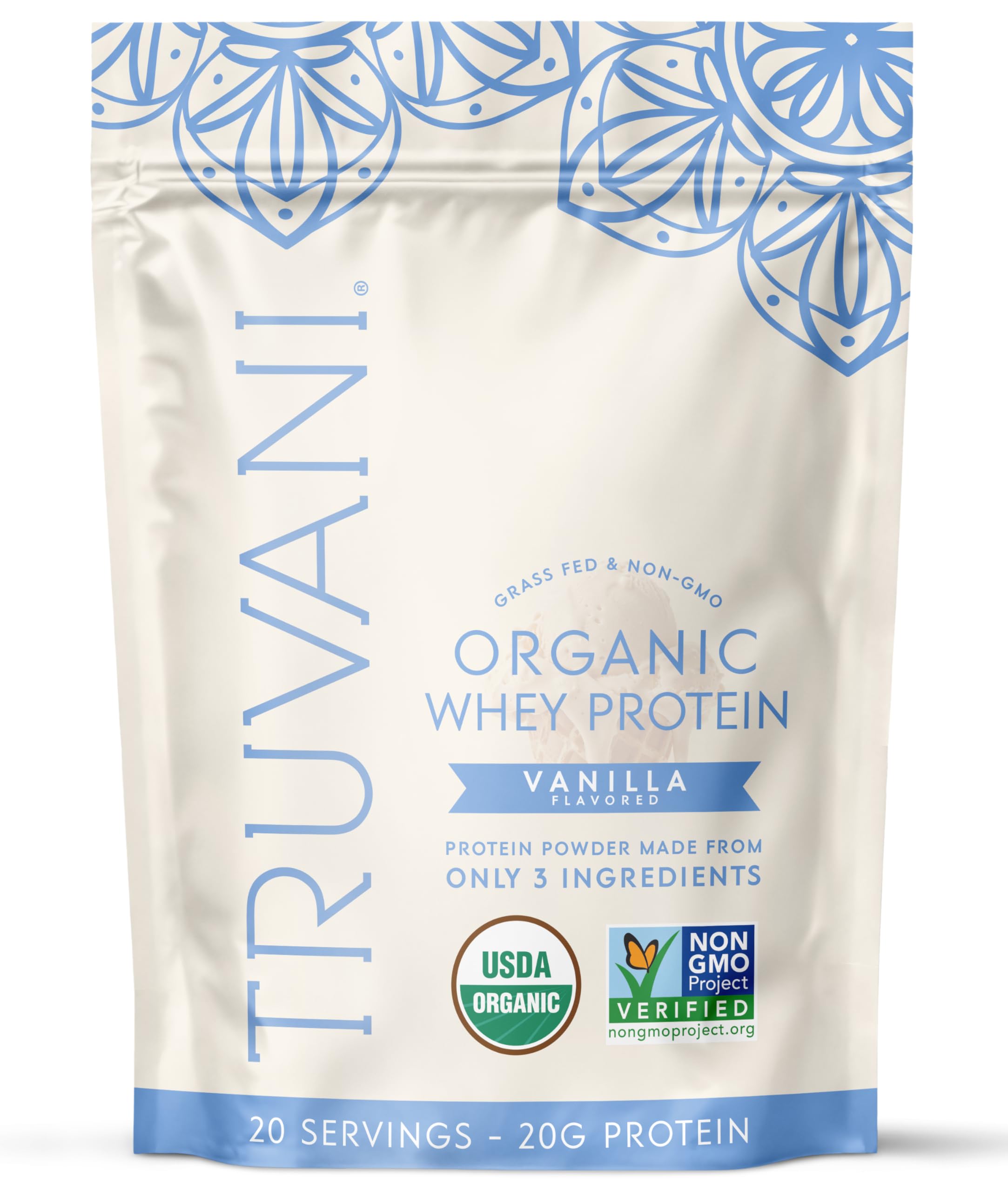 Truvani Organic Whey Protein Vanilla tub label showing USDA Organic certification