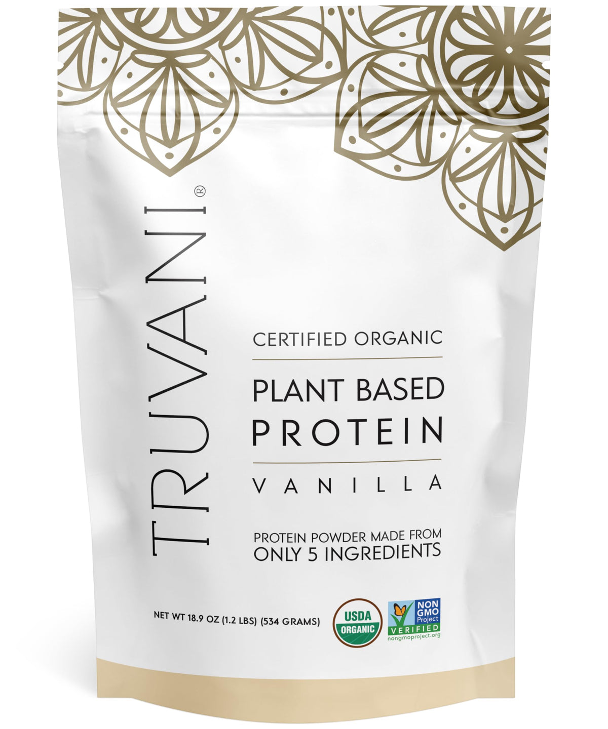 Truvani plant-based vanilla protein jar showcasing premium, clean ingredients for daily shakes.