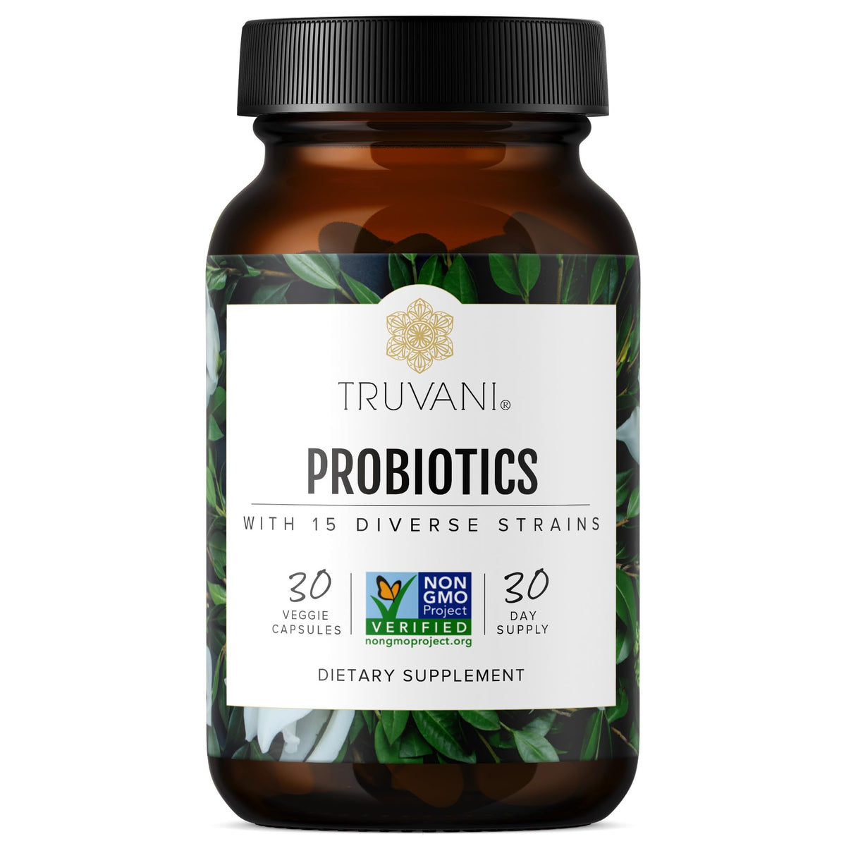 Truvani Probiotic Supplement bottle promotes digestive balance with daily capsules.