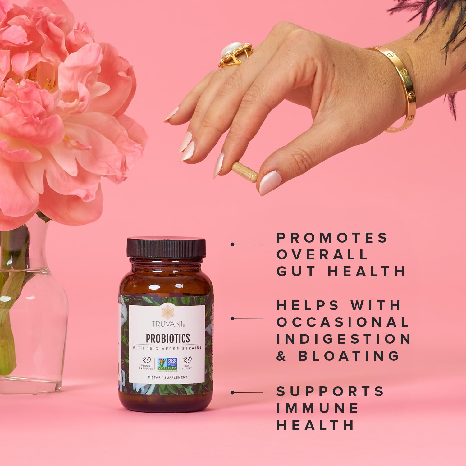 Truvani Probiotic Supplement label shows 15B CFU and 15 strains for gut balance.