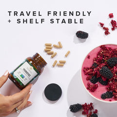 Truvani probiotic bottle on shelf-stable packaging for easy daily use.
