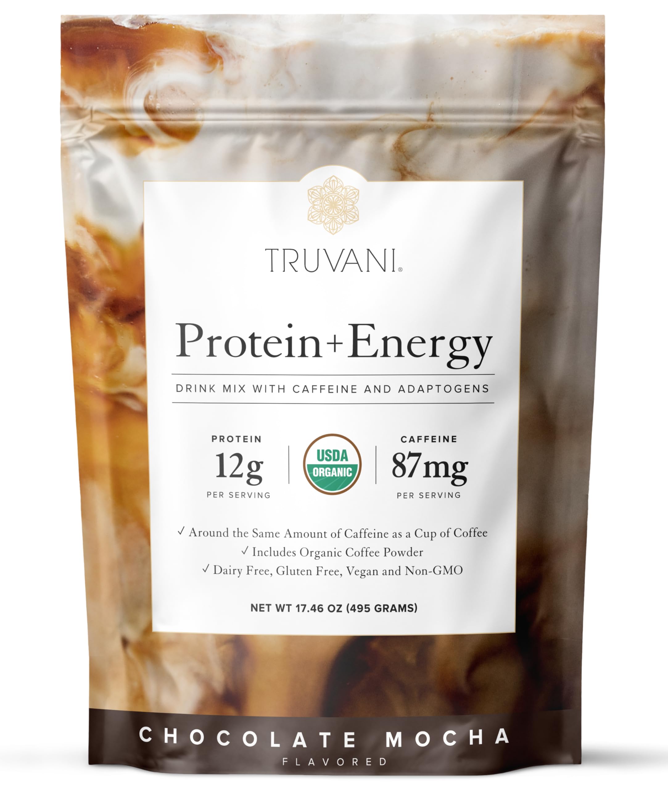 Truvani protein-energy-drink-mix chocolate mocha tub highlights organic vegan nutrition.