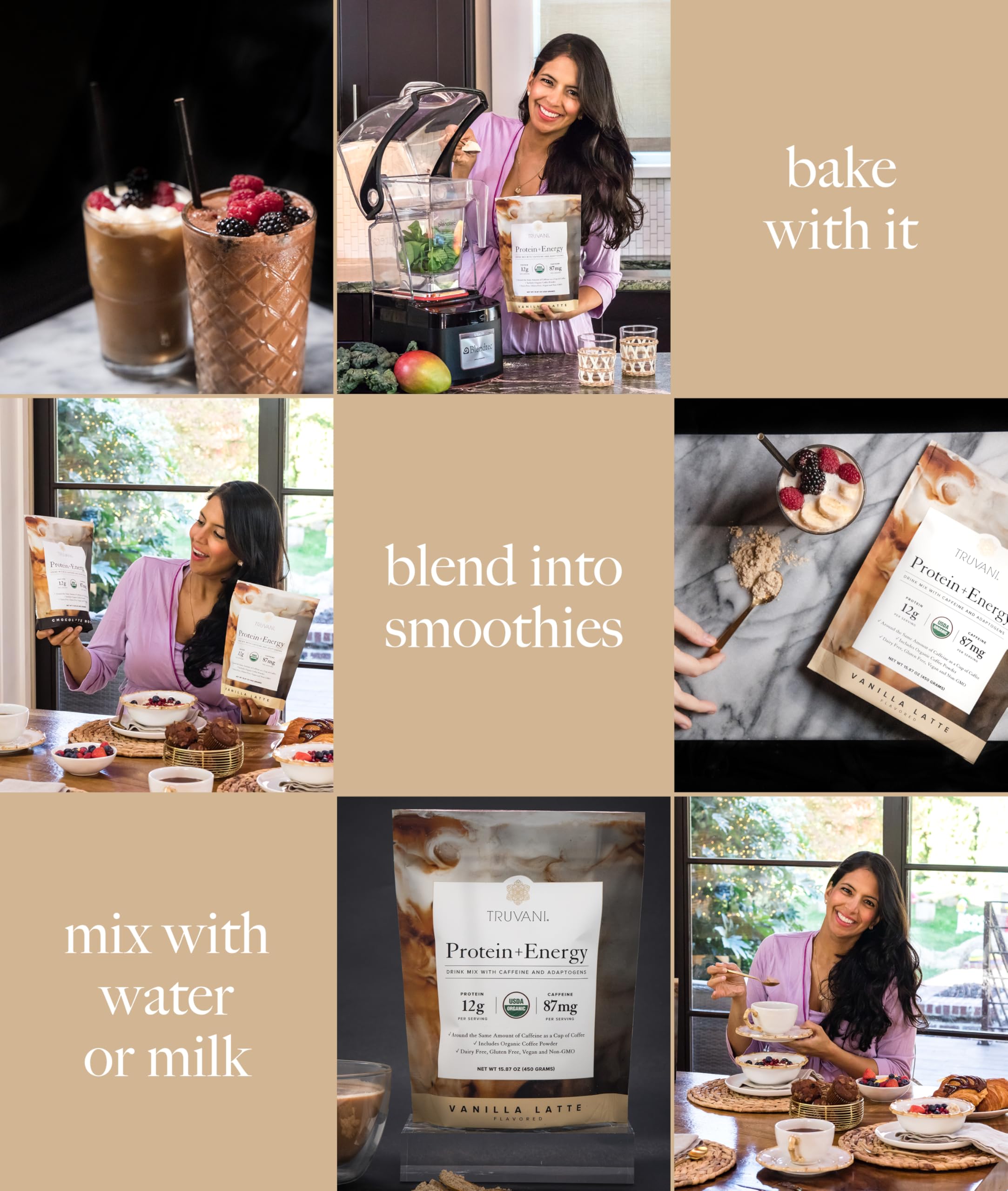 Truvani Protein Energy packaging highlights USDA Organic and Non-GMO
