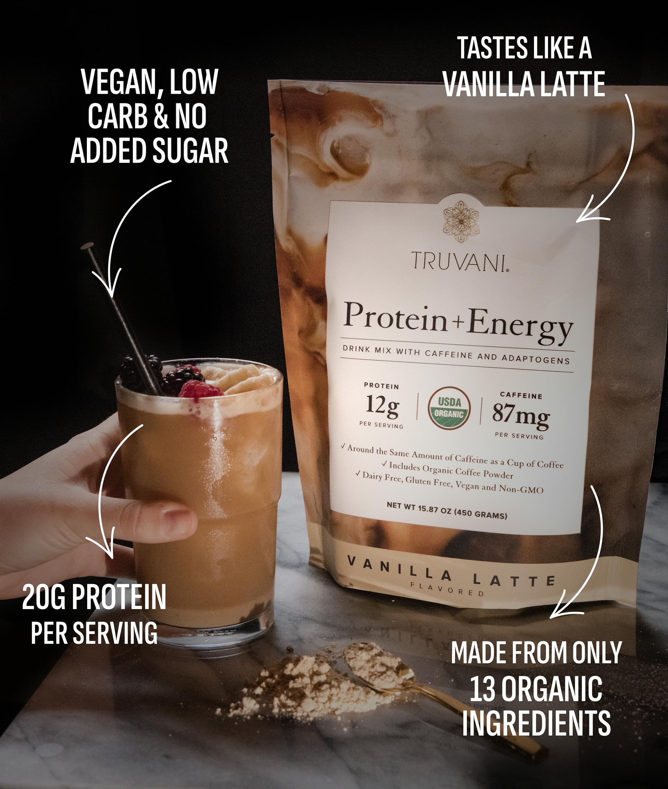 Truvani scoop of Protein and Energy Mix showing convenient serving