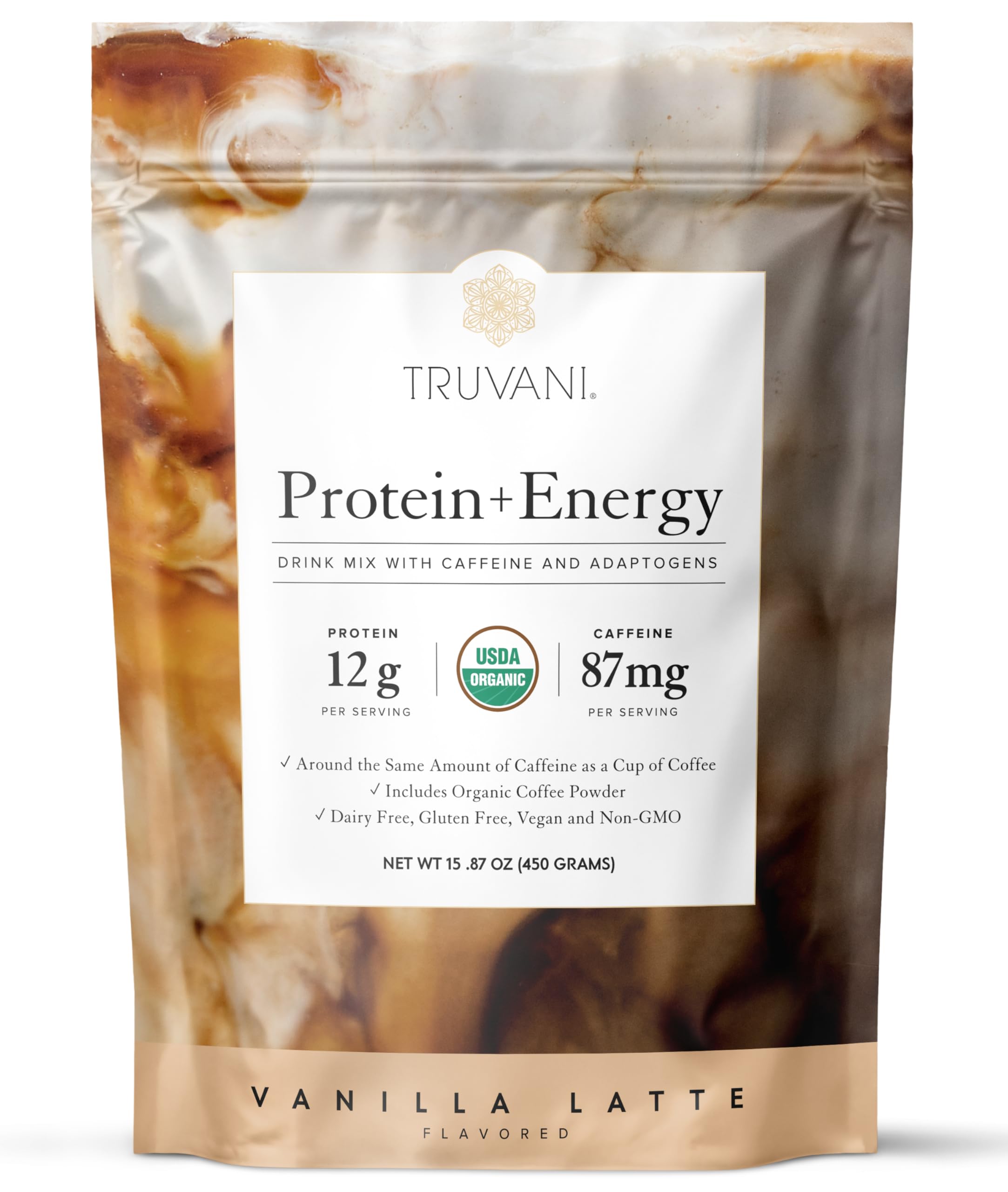 Truvani Protein and Energy Vanilla Latte bottle pour for on-the-go energy