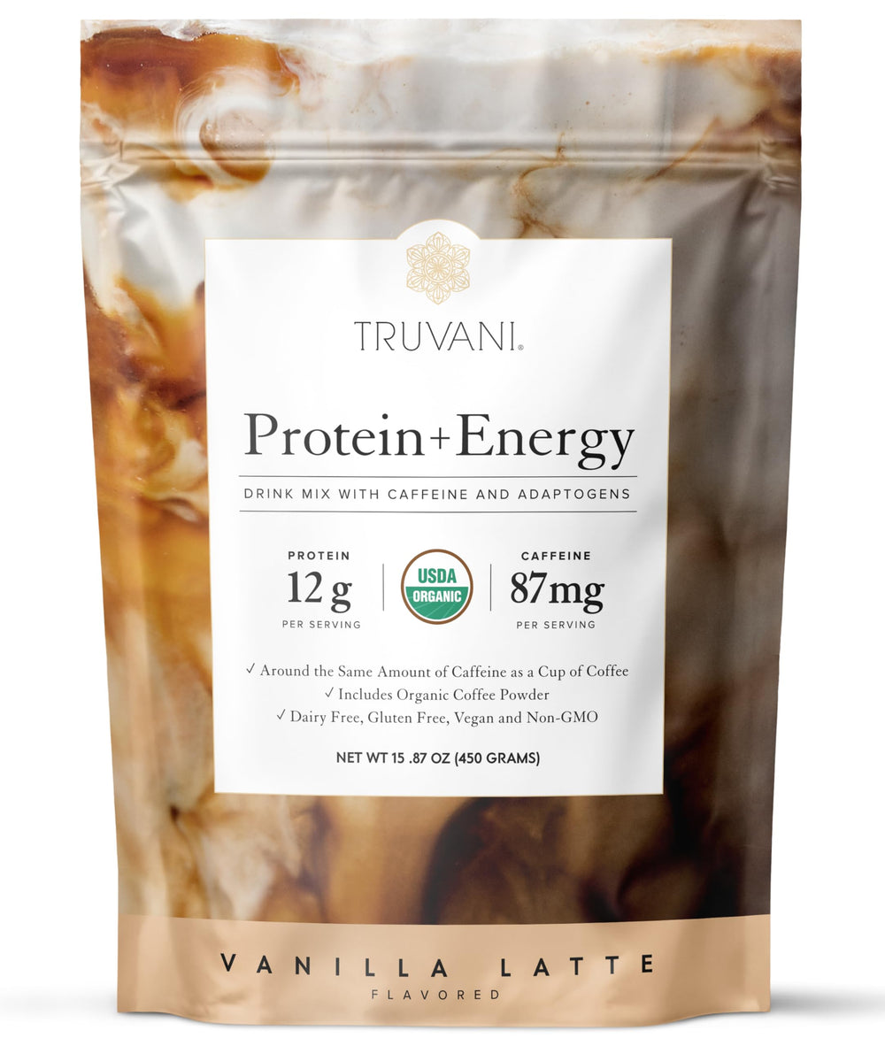 Truvani Protein and Energy Vanilla Latte bottle pour for on-the-go energy