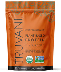 Truvani pumpkin spice protein powder tub with organic ingredients visible