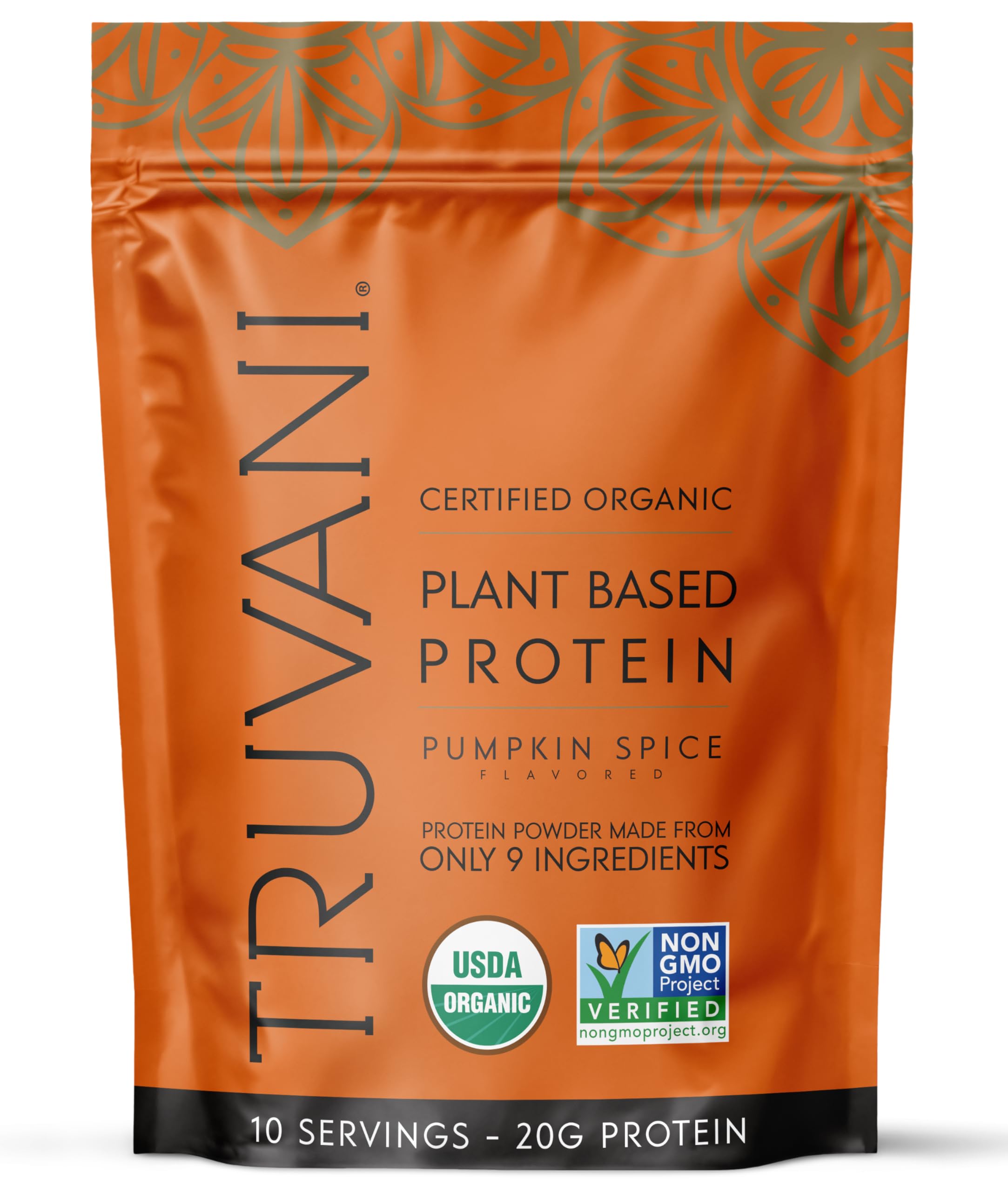 Truvani pumpkin spice protein bottle shows clean, dairy-free nutrition on the go.