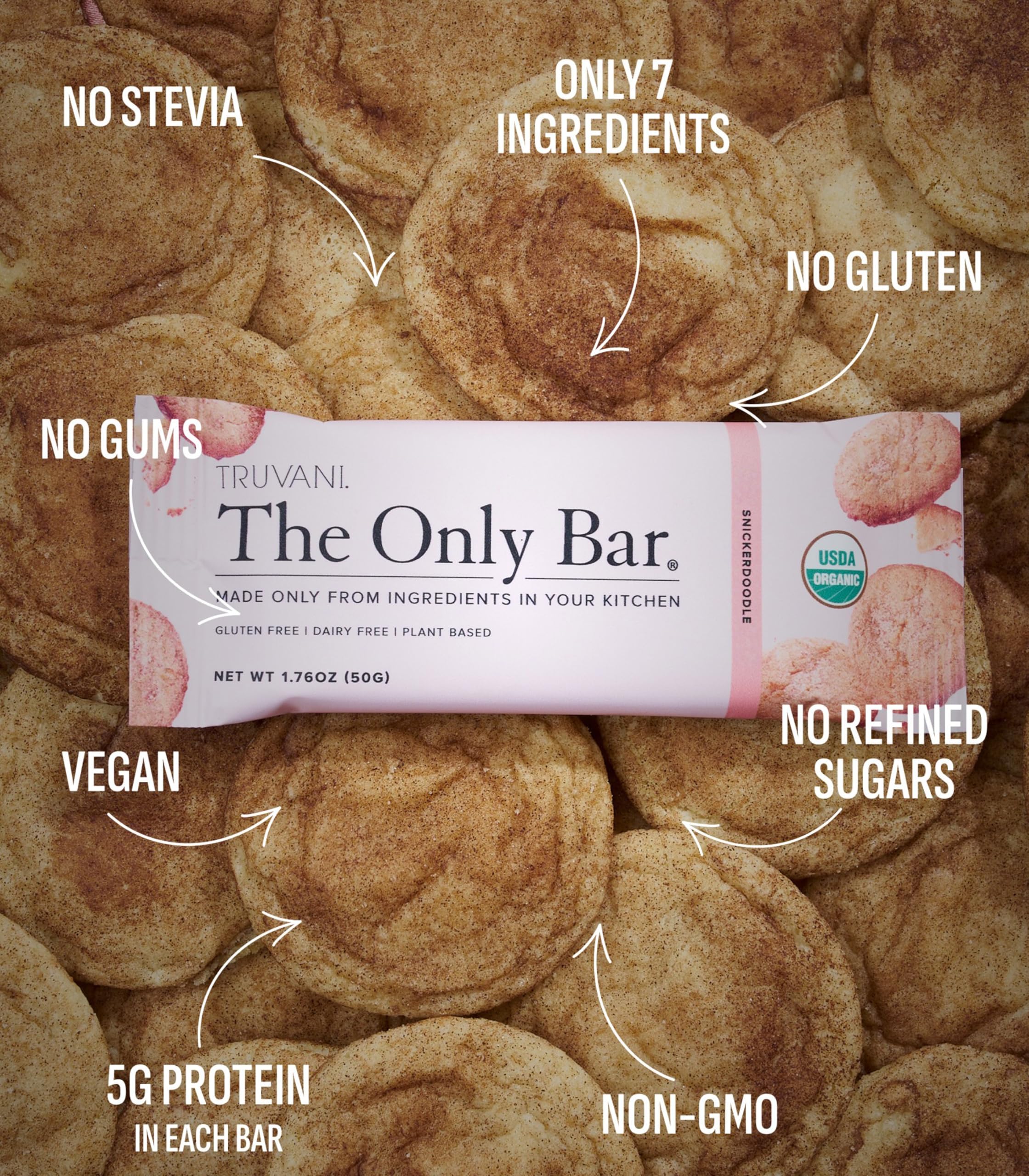 Truvani Snickerdoodle bar ingredients close-up showing almonds and dates.