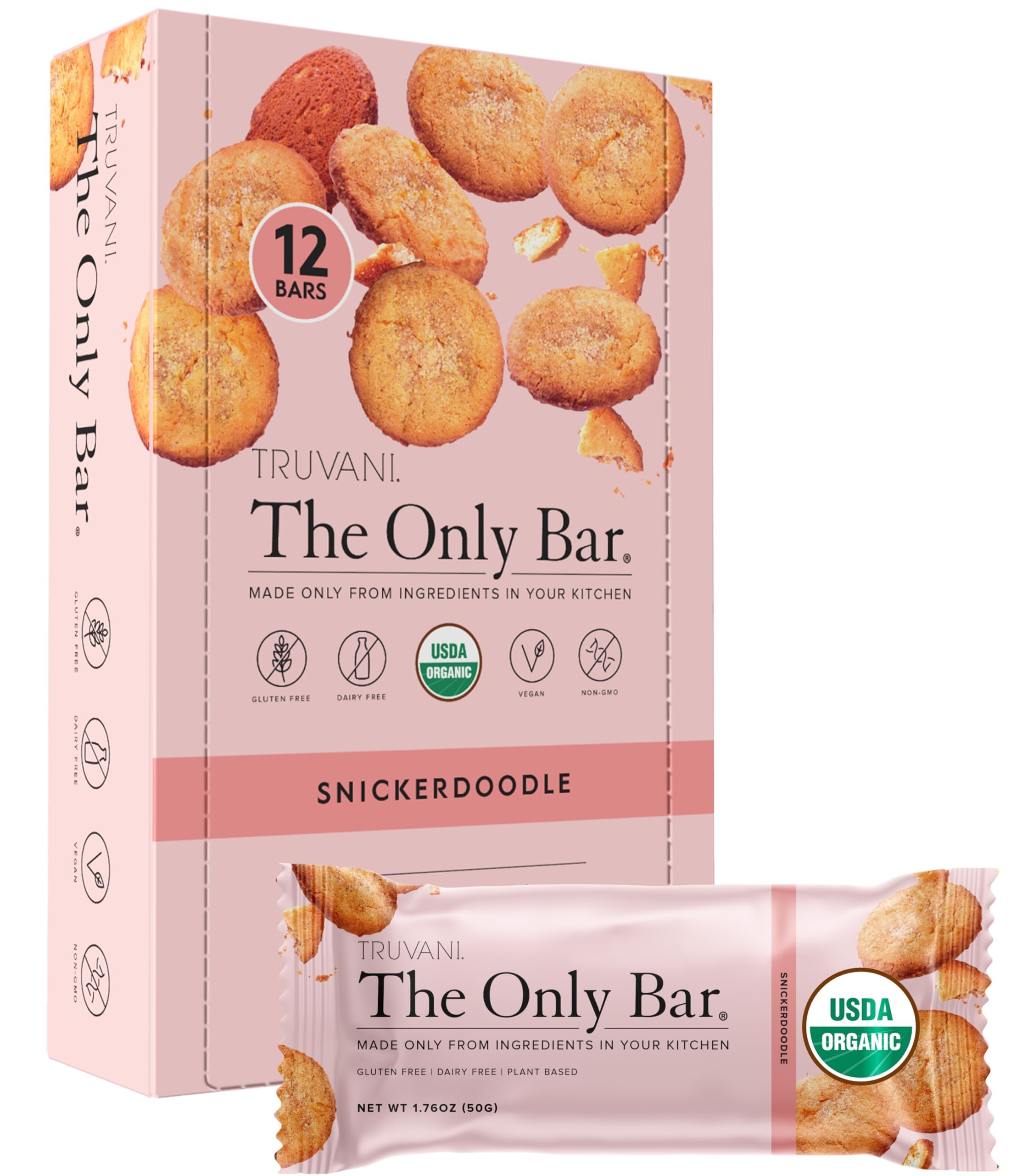 Truvani Snickerdoodle snack bars packaging for a convenient 12-pack on the go.