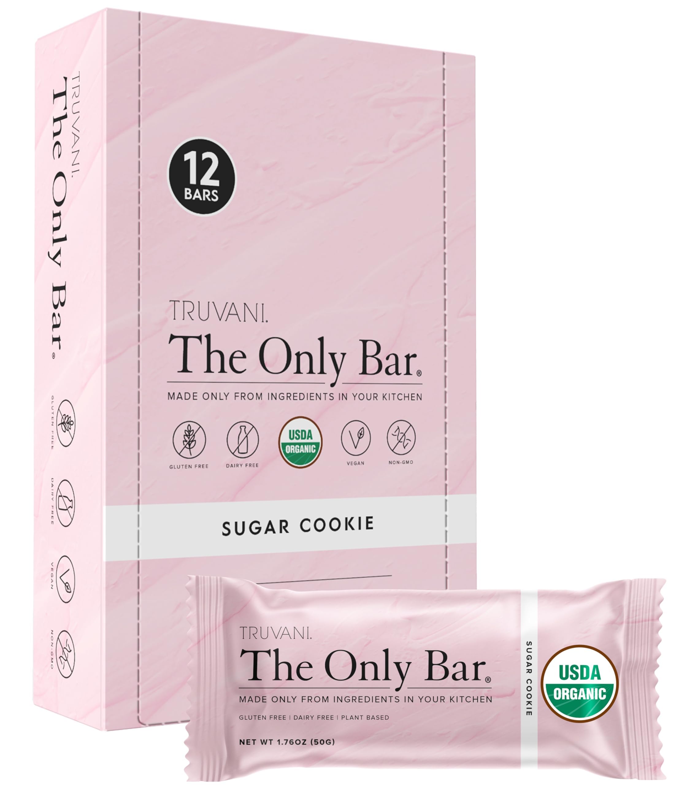 Truvani Sugar Cookie Bar packaging in a 12-pack for easy on-the-go snacking.