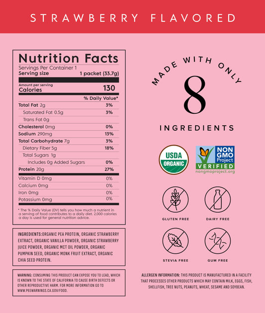 Truvani travel-pack strawberry protein serving for on-the-go fueling.