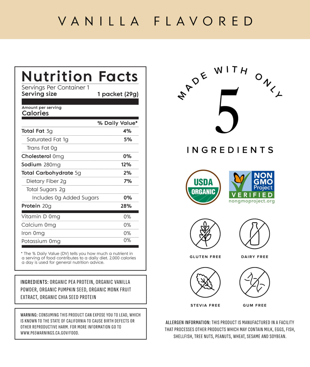 Truvani travel packets provide convenient single-serve vanilla protein on the go.