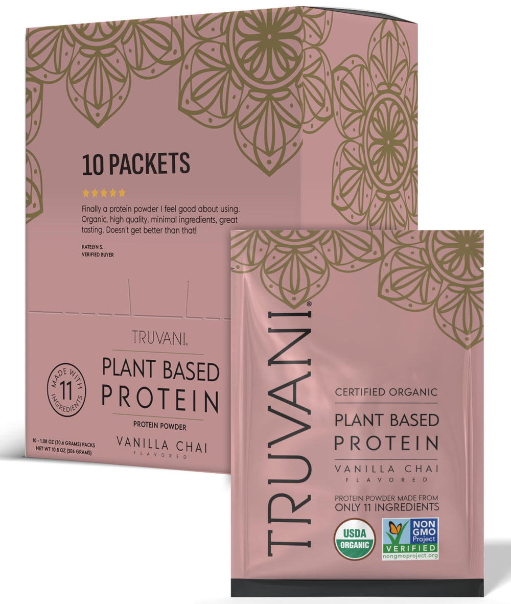 Truvani Vanilla Chai travel packet for on-the-go vegan protein boosts.