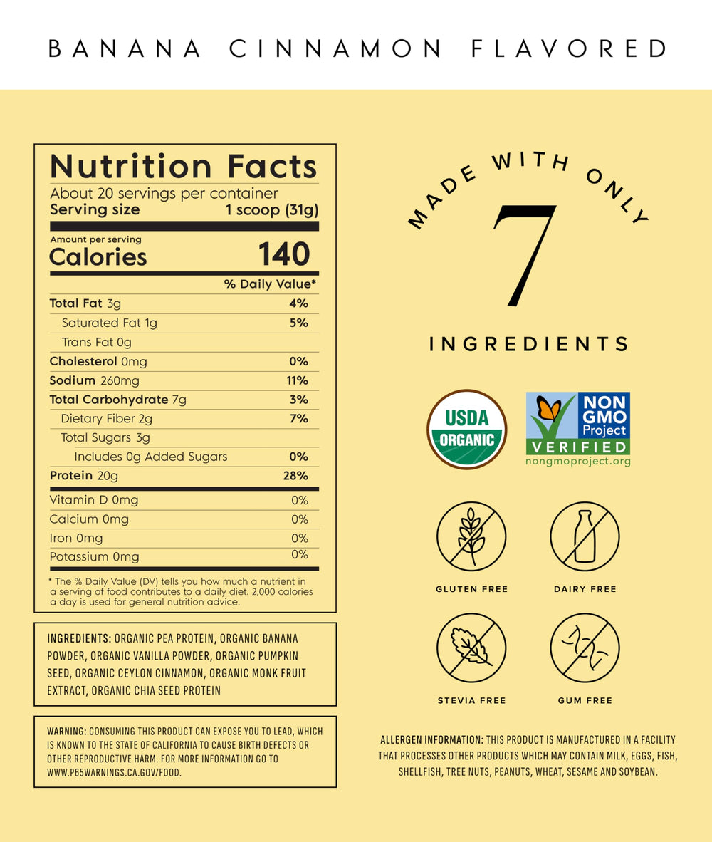 Truvani vegan pea protein banana cinnamon shake glass illustrates dairy-free nutrition