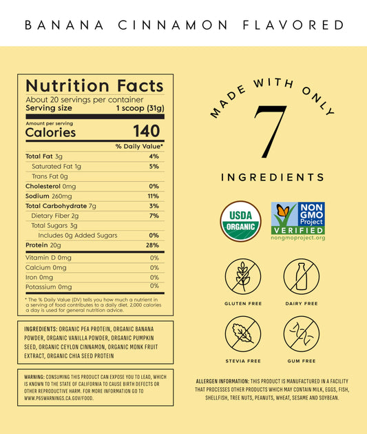 Truvani vegan pea protein banana cinnamon shake glass illustrates dairy-free nutrition