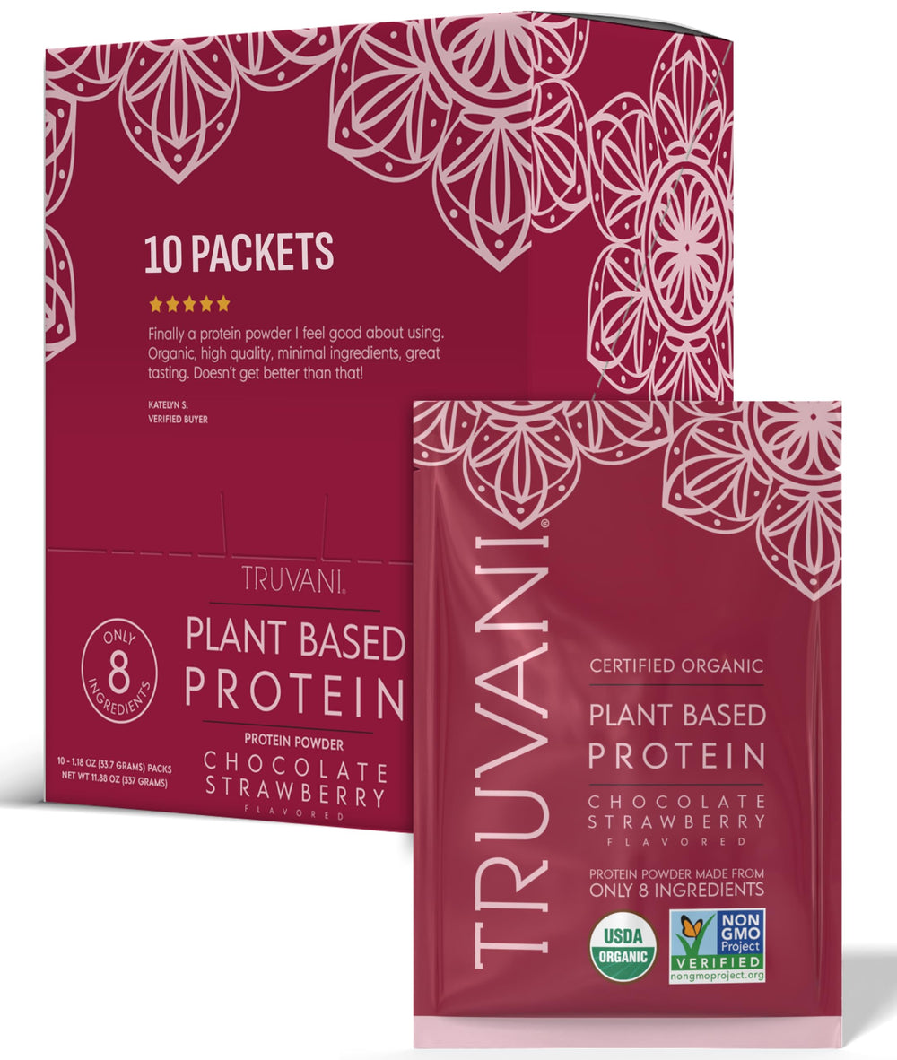 Truvani vegan pea protein powder chocolate strawberry with a heaping scoop.