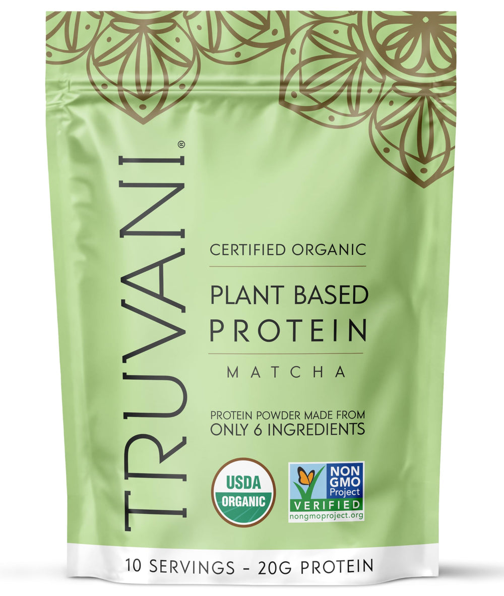 Truvani vegan pea protein matcha scoop shows clean plant-based nutrition for workouts and energy