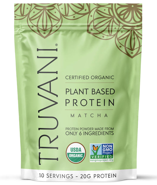 Truvani vegan pea protein matcha scoop shows clean plant-based nutrition for workouts and energy