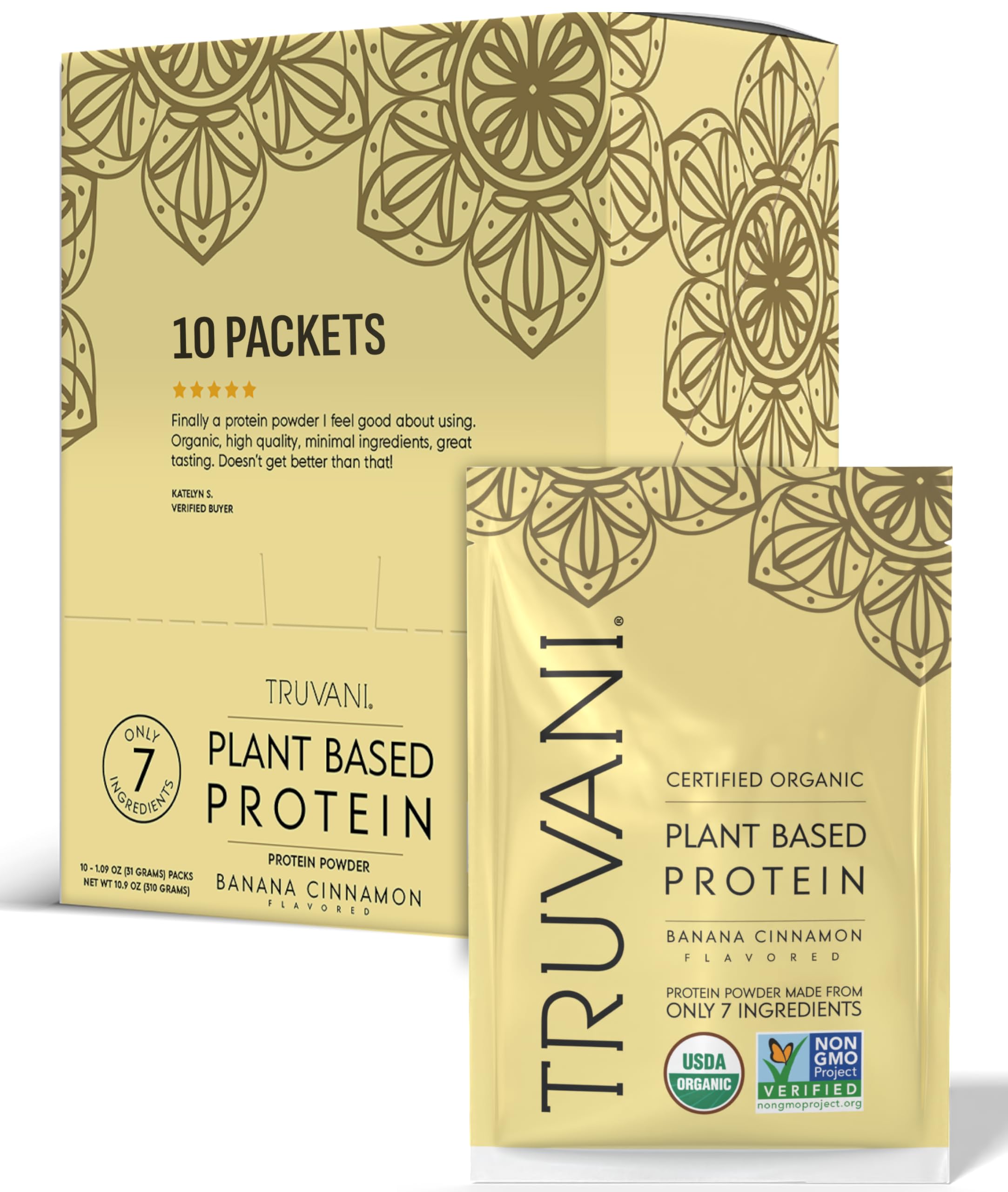 Truvani vegan pea protein powder Banana Cinnamon travel packet for convenient protein on the go