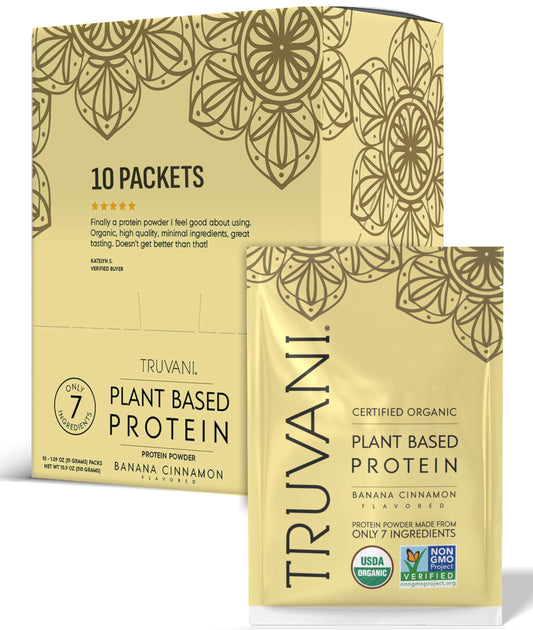 Truvani vegan pea protein powder Banana Cinnamon travel packet for convenient protein on the go