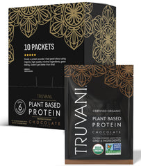 Truvani vegan pea protein powder chocolate scoop for a protein packed smoothie.