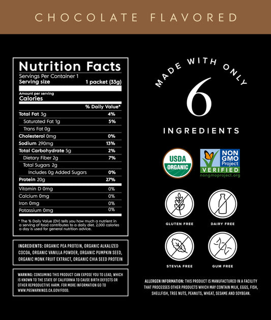 Truvani vegan pea protein powder chocolate stirred in a glass for a creamy shake.