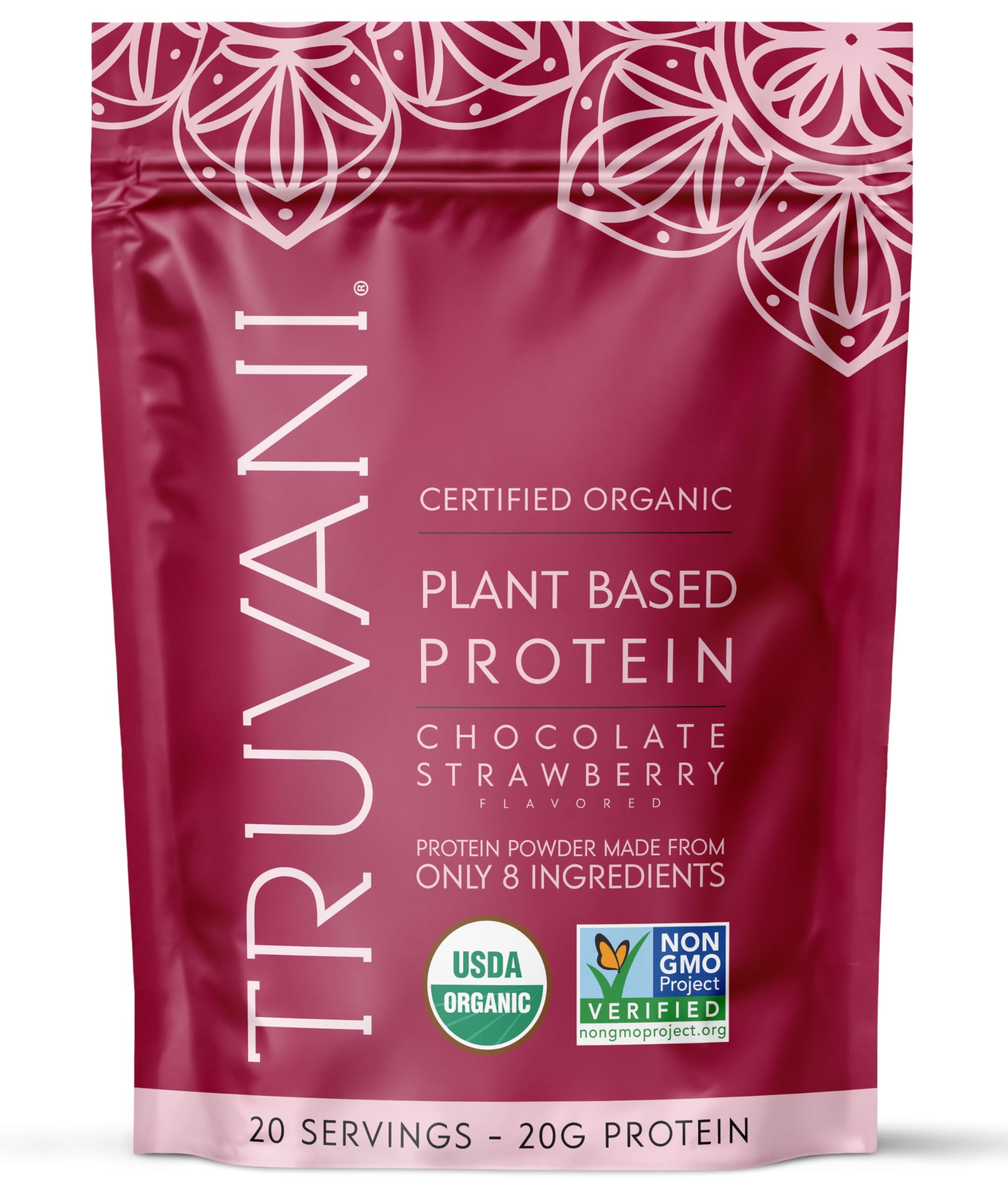 Truvani vegan pea protein powder tub front label highlights organic ingredients and clean nutrition.