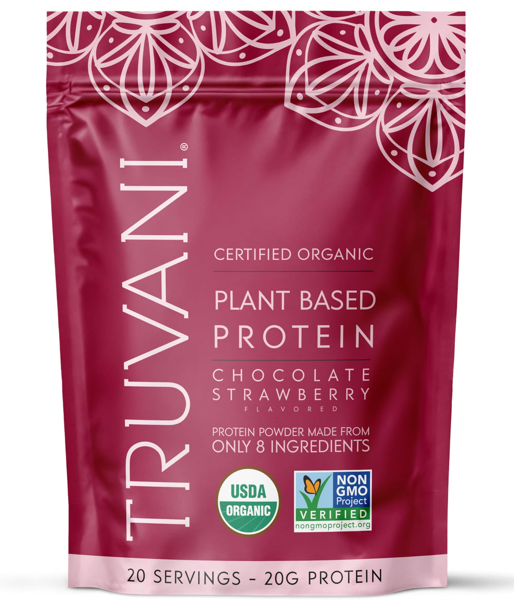 Truvani vegan pea protein powder tub front label highlights organic ingredients and clean nutrition.