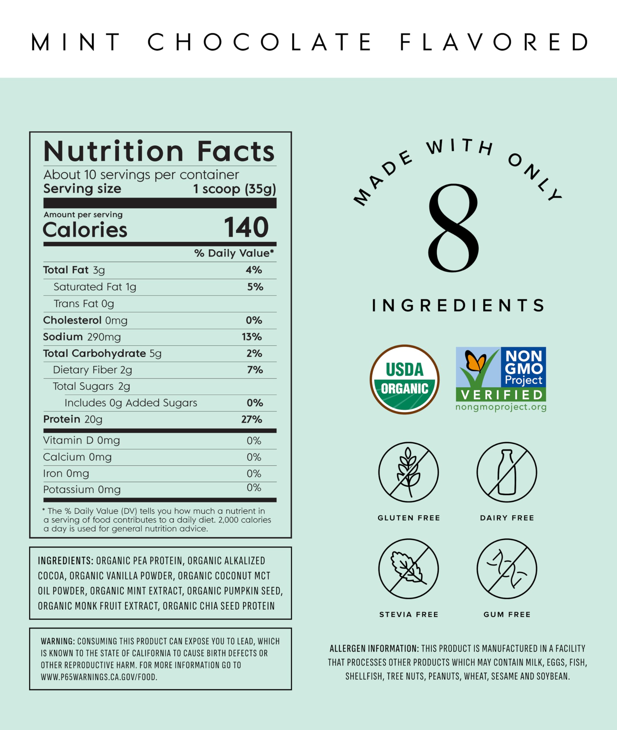 Truvani organic non-GMO label on mint chocolate pea protein powder