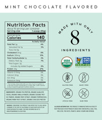 Truvani organic non-GMO label on mint chocolate pea protein powder