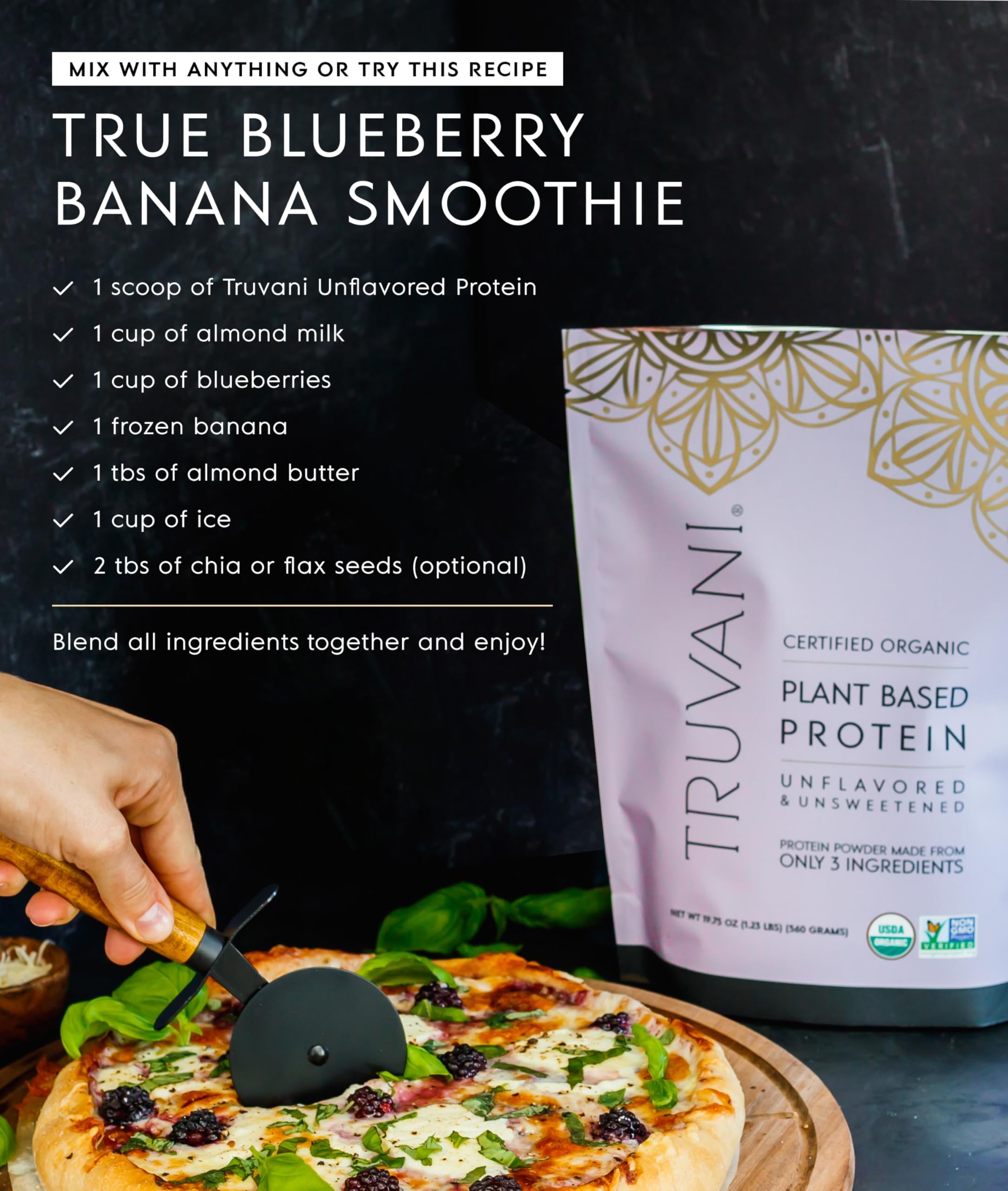 Truvani powder features USDA Organic and non-GMO certifications.